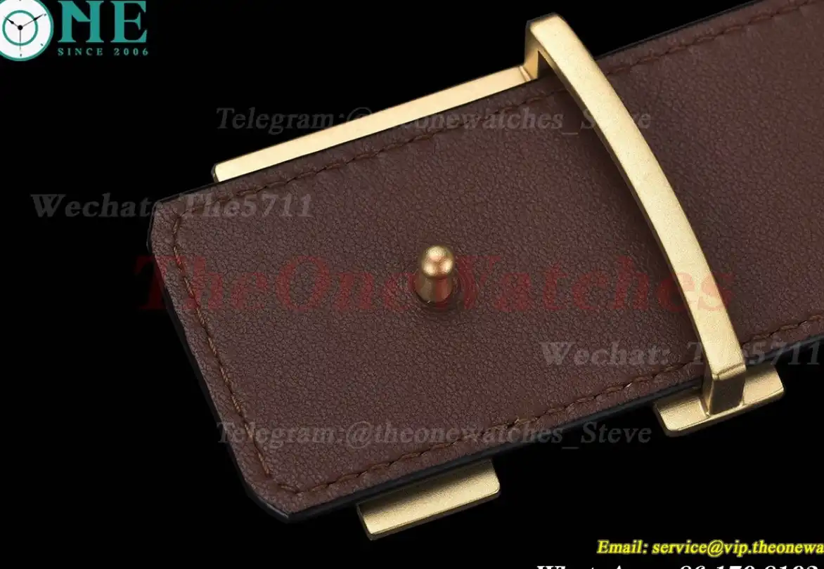 Yellow Gold LV Brass Buckle on Grey Leather Belt 4.0cm