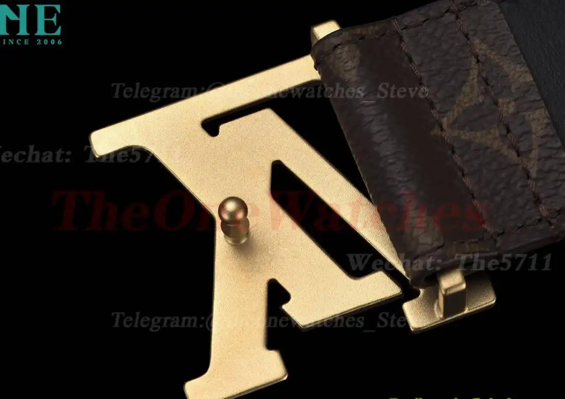 Yellow Gold LV Brass Buckle on Brown Leather Belt 4.0cm