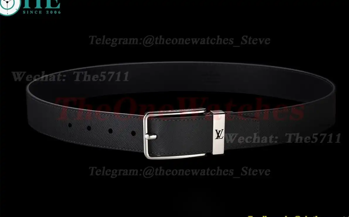 Silver LV SS Buckle on Black Leather Belt 3.5cm