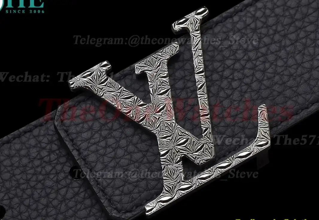 Engraved LV Brass Buckle on Black Leather Belt 4.0cm