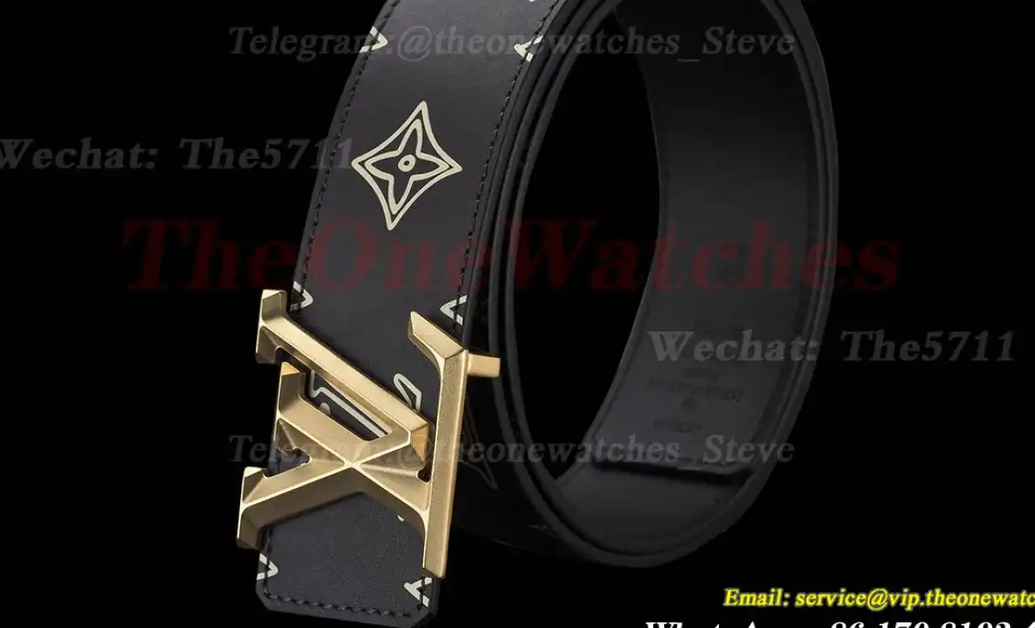 Yellow Gold LV Brass Buckle on Black Leather Belt 4.0cm