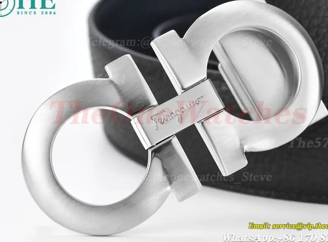 Silver Brass Buckle on Black Blue Leather Belt 3.5cm