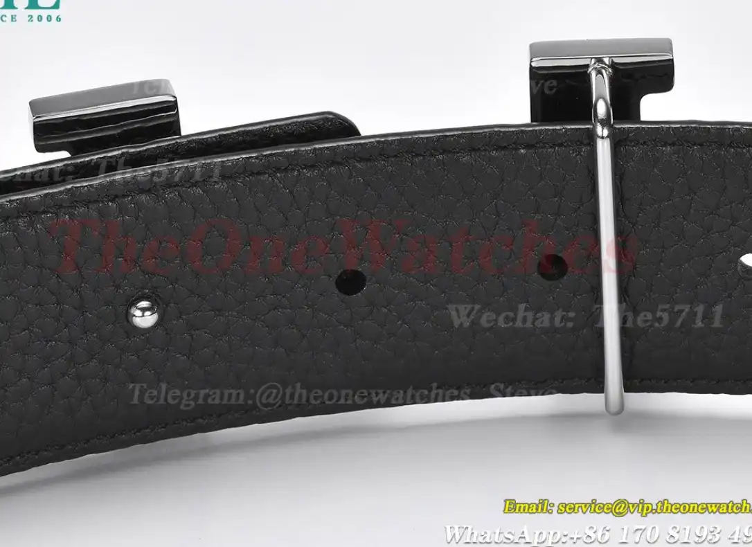 Silver Hermes SS Buckle on Black Black Leather Belt 3.8cm