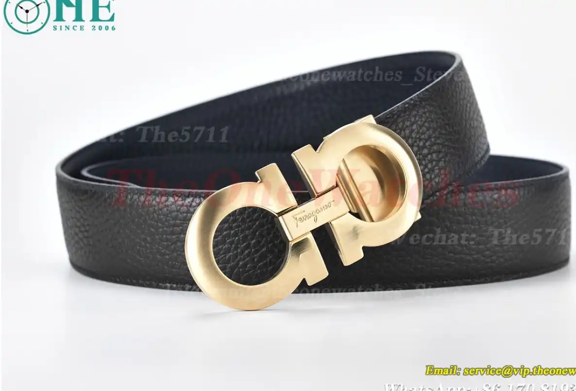 YG Brass Buckle on Black Blue Leather Belt 3.5cm