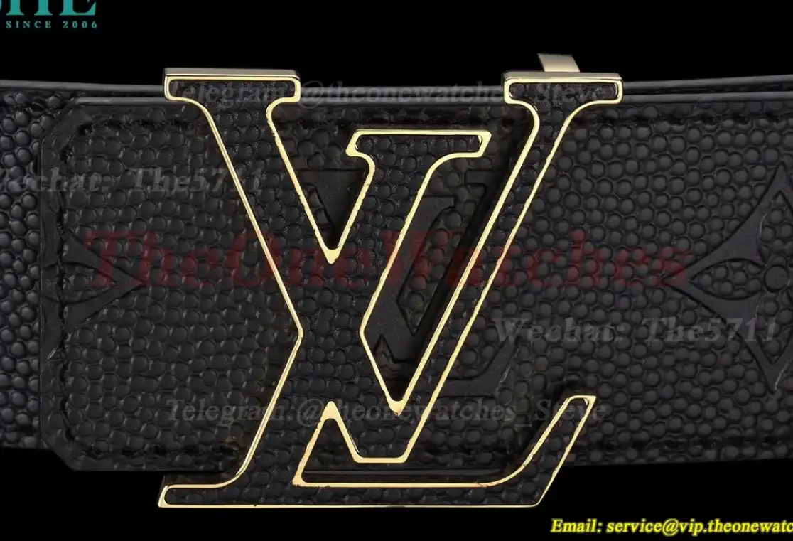 Yellow Gold LV Brass Buckle on Black Leather Belt 4.0cm