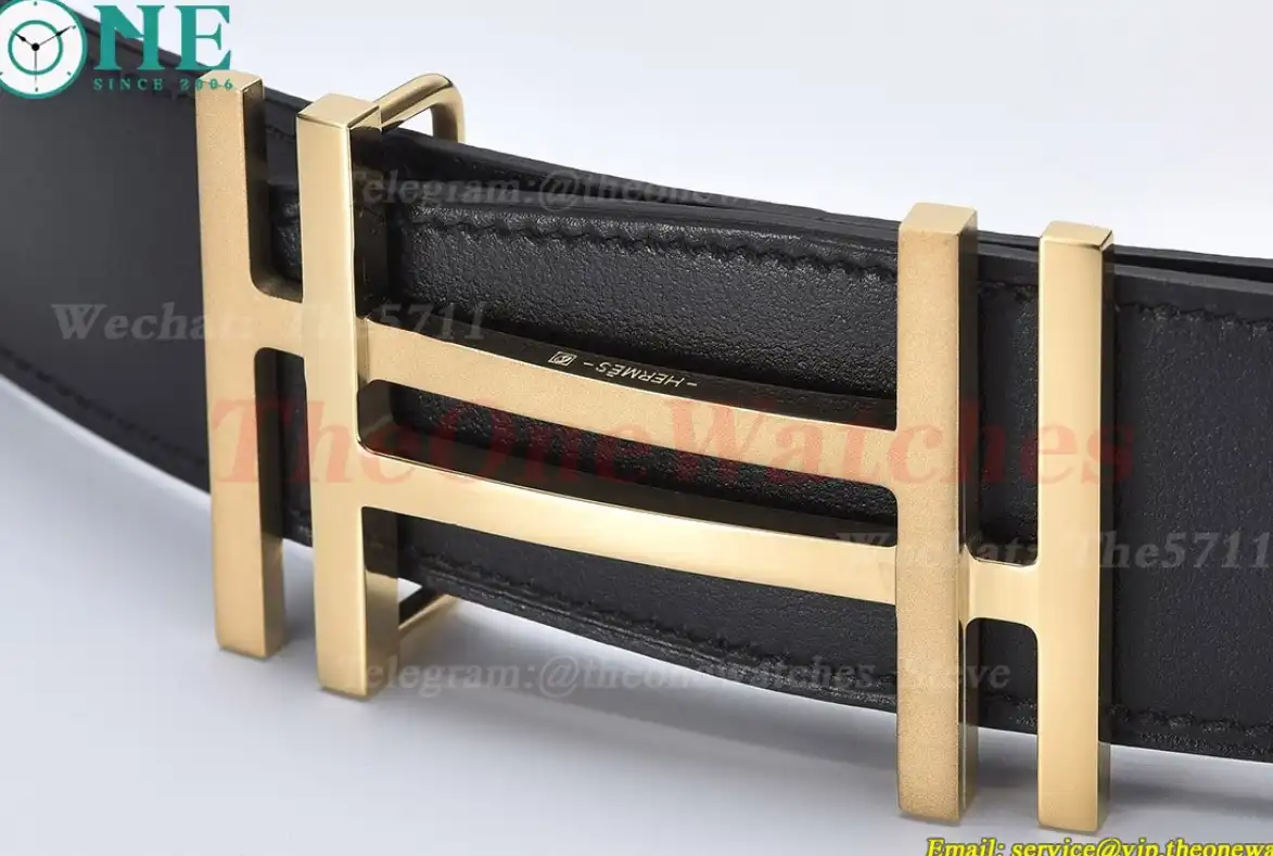 YG Hermes SS Buckle on Apricot Black Leather Belt 3.8cm