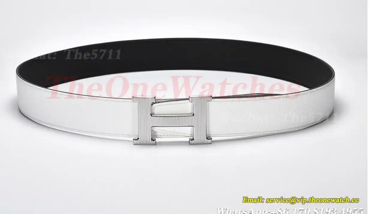 Silver Hermes SS Buckle on White Black Leather Belt 3.8cm