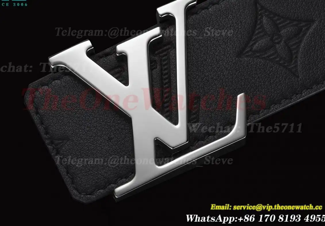 Silver LV Brass Buckle on Black Leather Belt 4.0cm