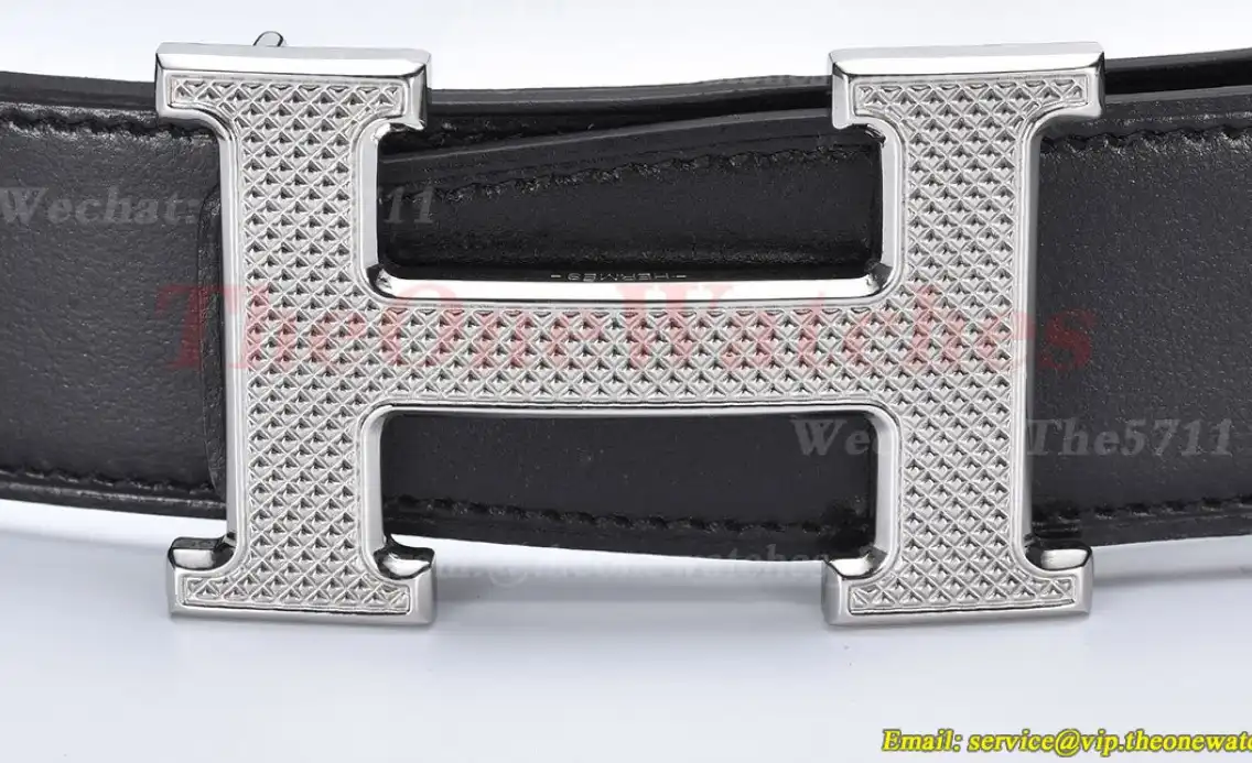 Silver Hermes SS Buckle on Black Black Leather Belt 3.8cm