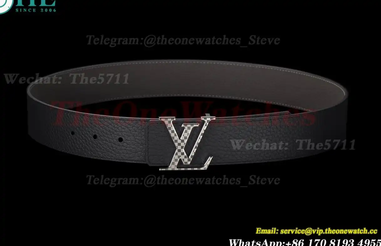 Silver Stamp LV Brass Buckle on Black Leather Belt 4.0cm