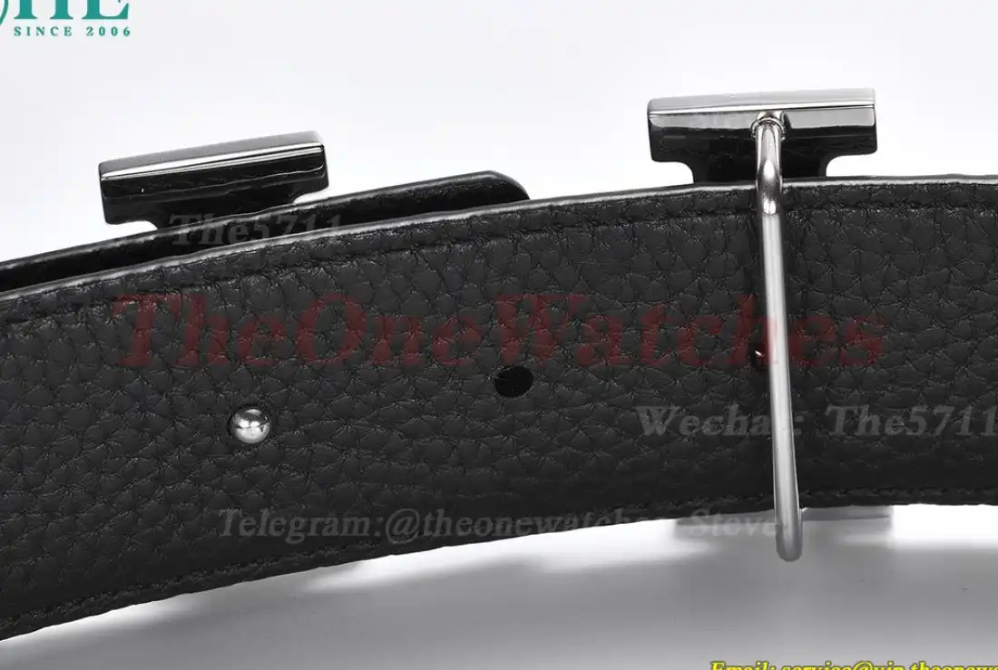 Silver Hermes SS Buckle on Black Black Leather Belt 3.8cm