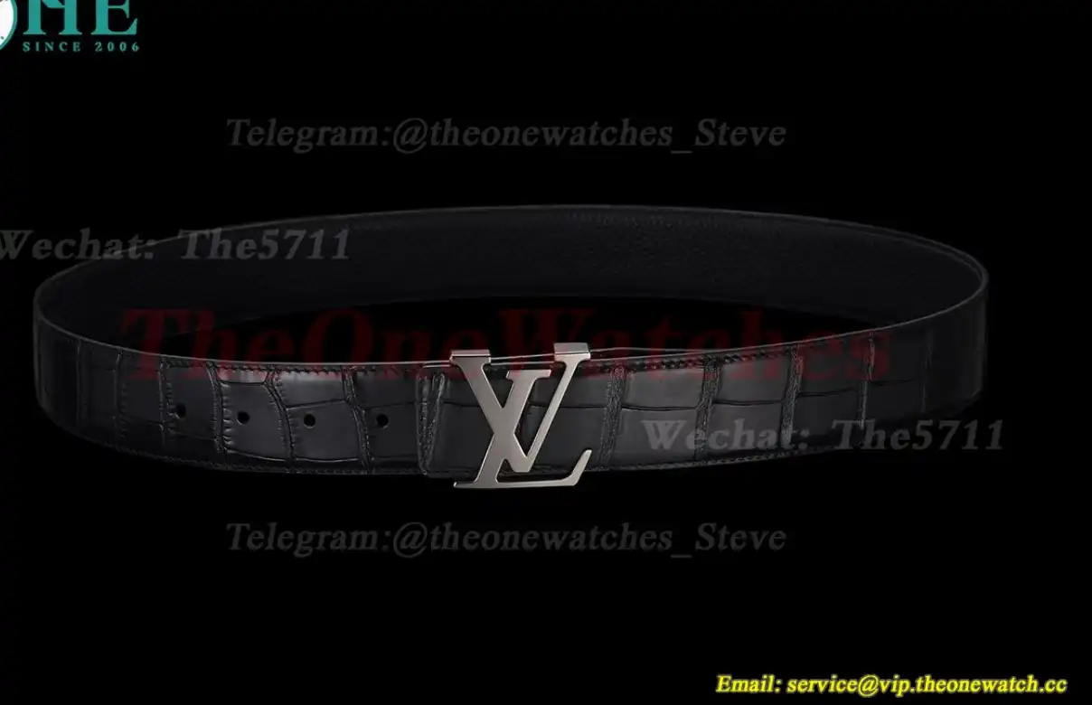 Bright Grey LV Brass Buckle on Black Leather Belt 4.0cm