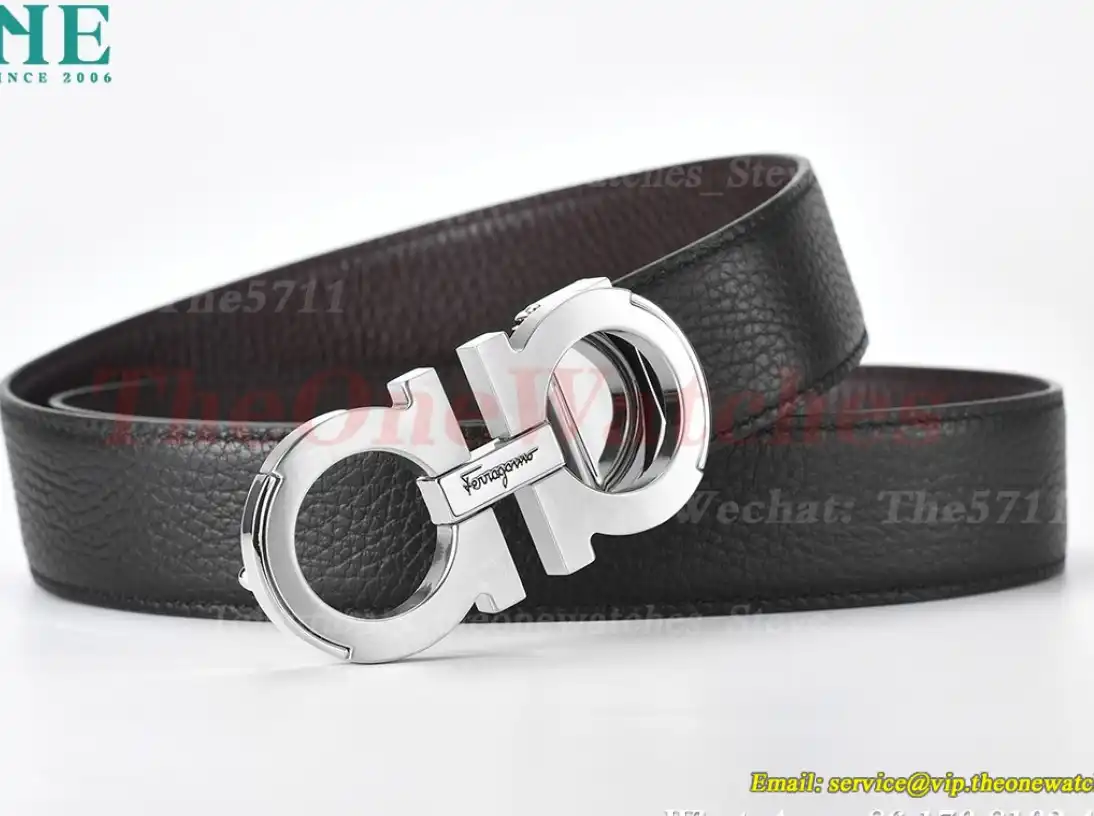 Silver Brass Buckle on Black Brownish Leather Belt 3.5cm