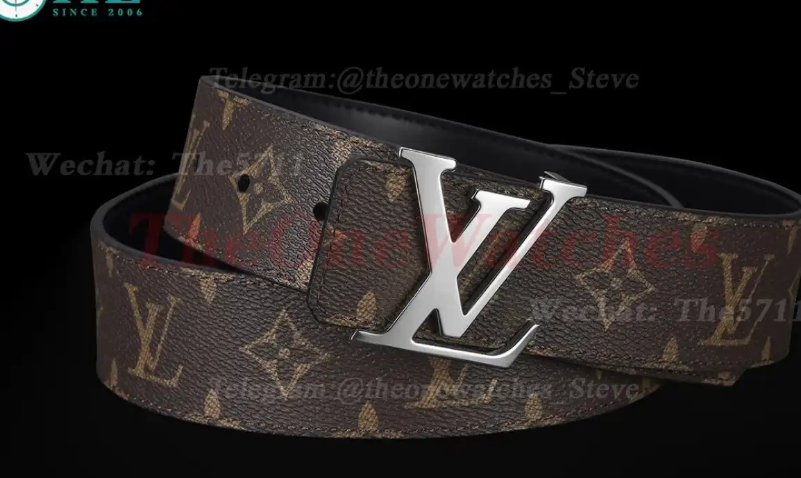 Silver LV Brass Buckle on Brown Leather Belt 4.0cm