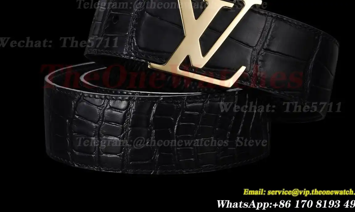 Yellow Gold LV Brass Buckle on Black Leather Belt 4.0cm