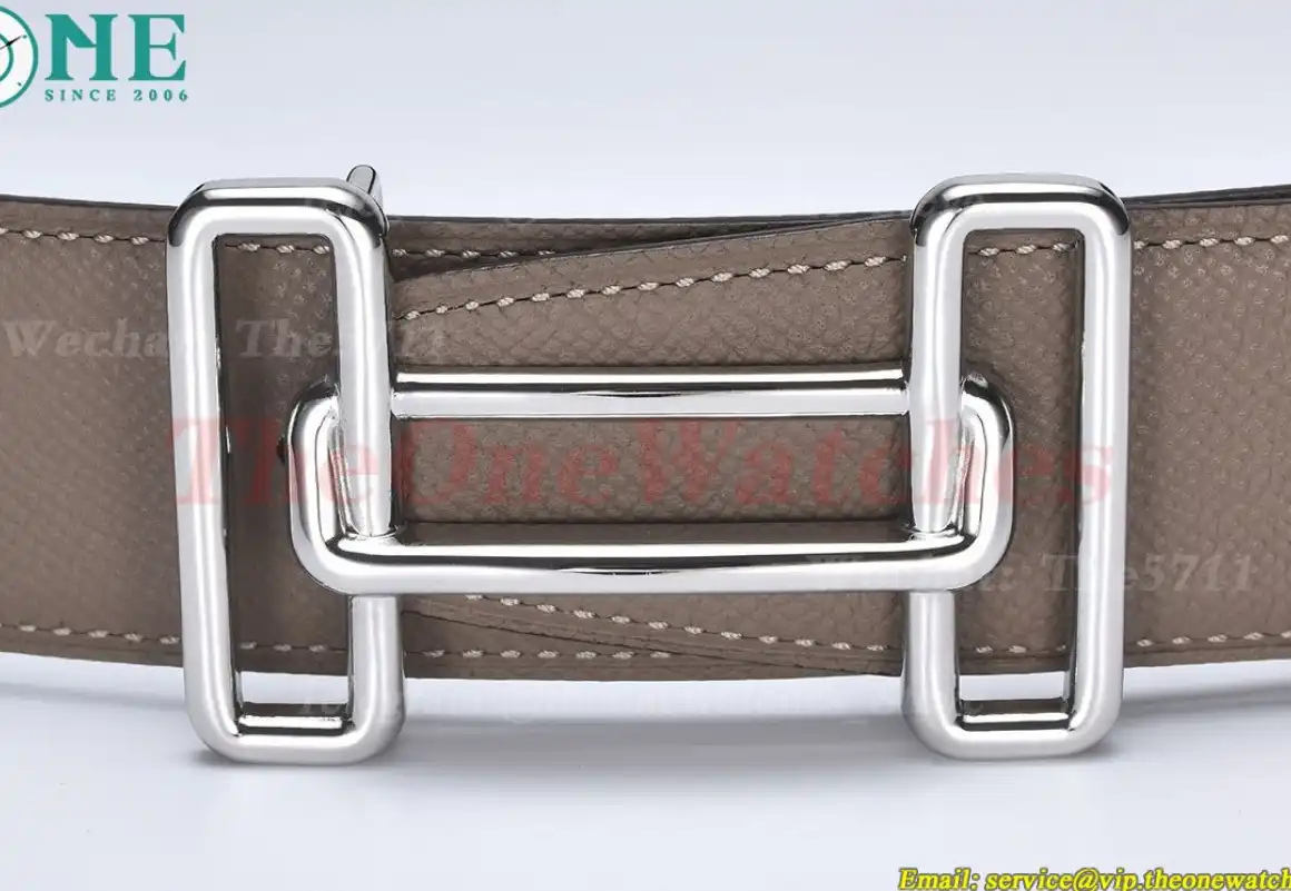 Silver Hermes SS Buckle on Apricot Black Leather Belt 3.8cm