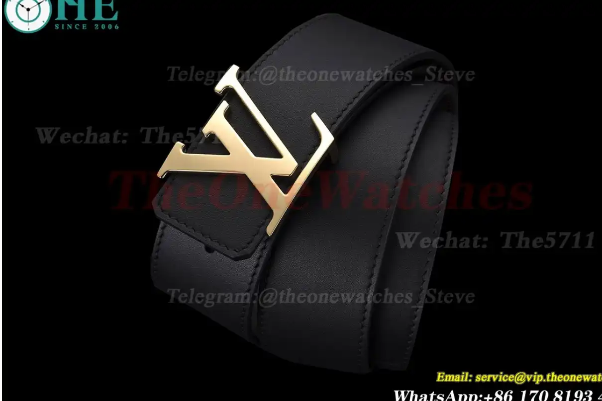 Yellow Gold LV Brass Buckle on Black Leather Belt 4.0cm