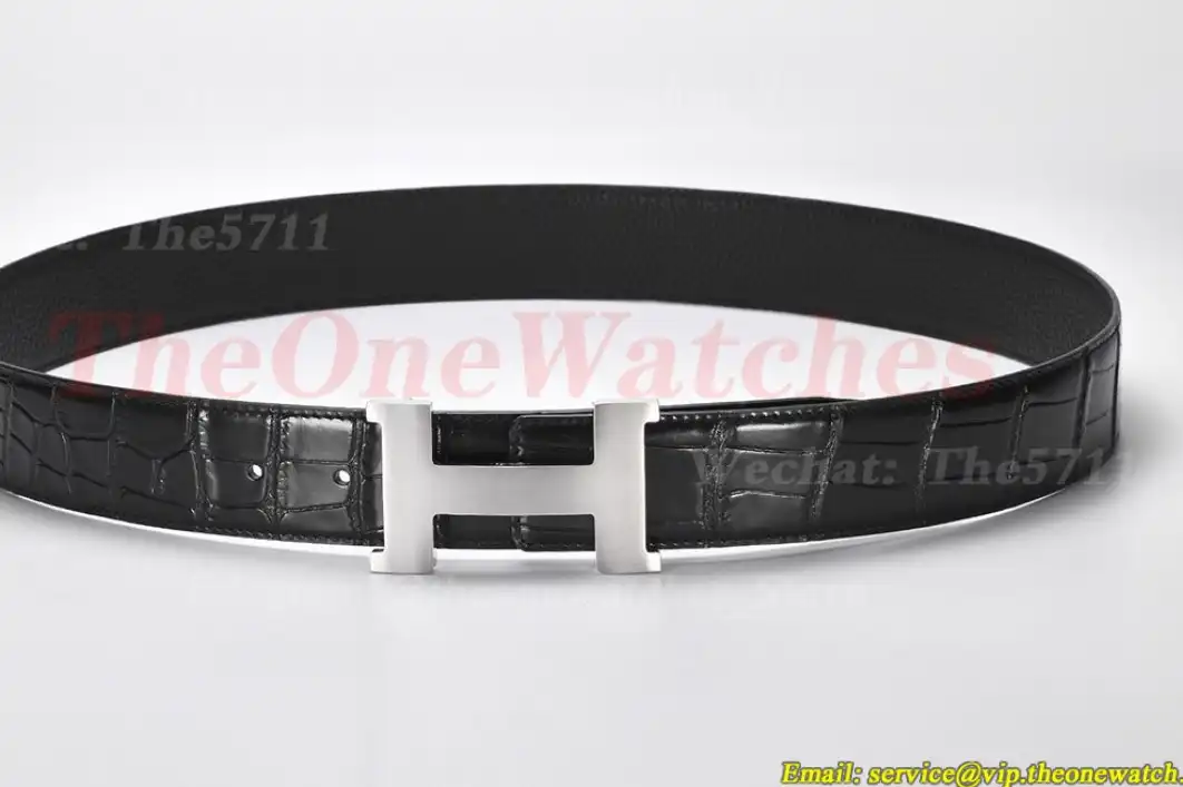 Silver Hermes SS Buckle on Black Black Leather Belt 3.8cm