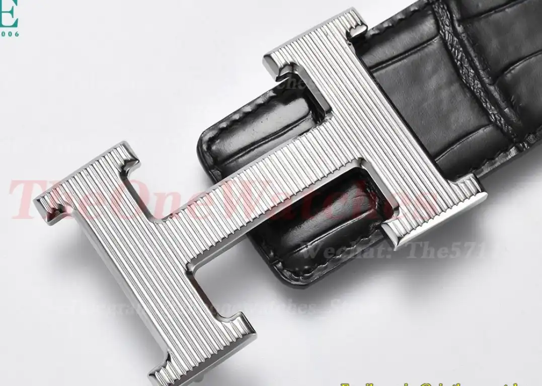 Silver Hermes SS Buckle on Black Black Leather Belt 3.8cm