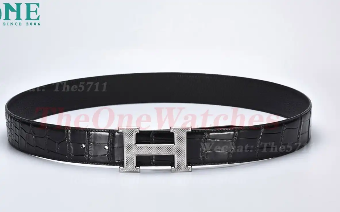 Silver Hermes SS Buckle on Black Black Leather Belt 3.8cm