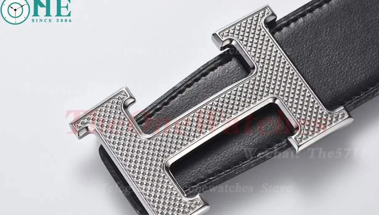 Silver Hermes SS Buckle on Black Black Leather Belt 3.8cm