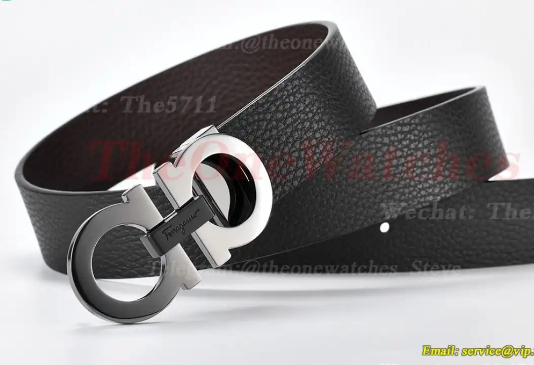 Bright Grey Brass Buckle on Black Brownish Leather Belt 3.5cm