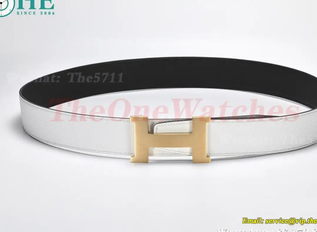 YG Hermes SS Buckle on White Black Leather Belt 3.8cm