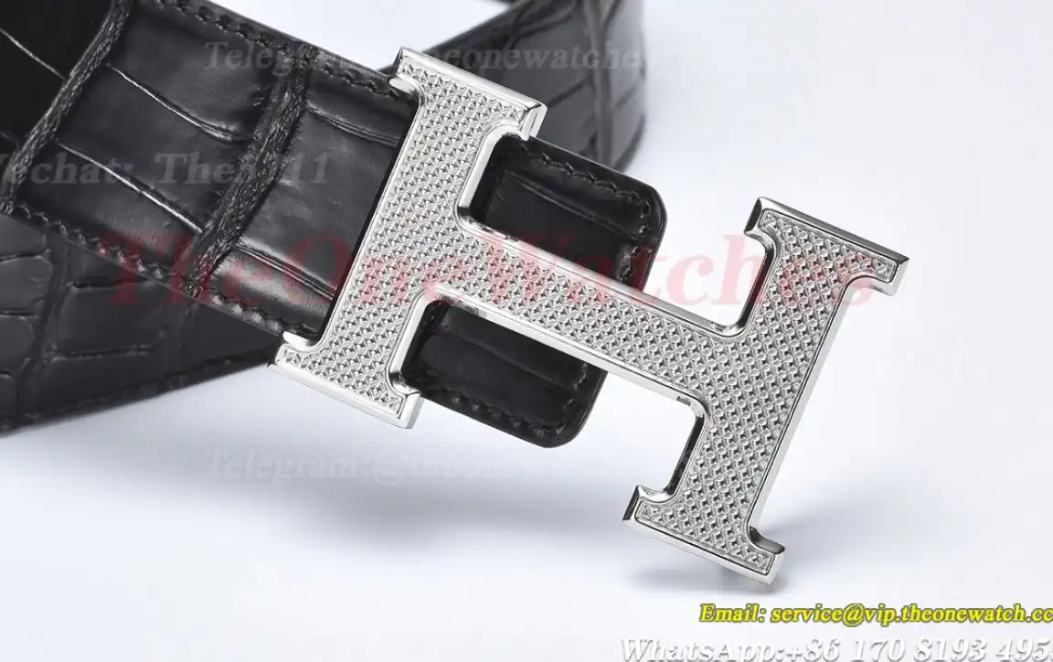 Silver Hermes SS Buckle on Black Black Leather Belt 3.8cm