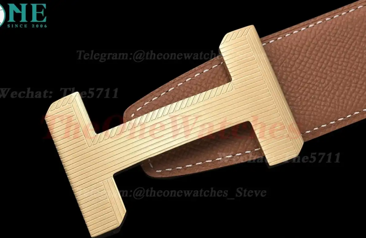 Yellow Gold Hermes SS Buckle on khaki Leather Belt 3.8cm