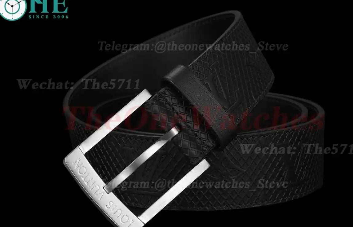 Silver LV SS Buckle on Black Checkered Leather Belt 3.5cm