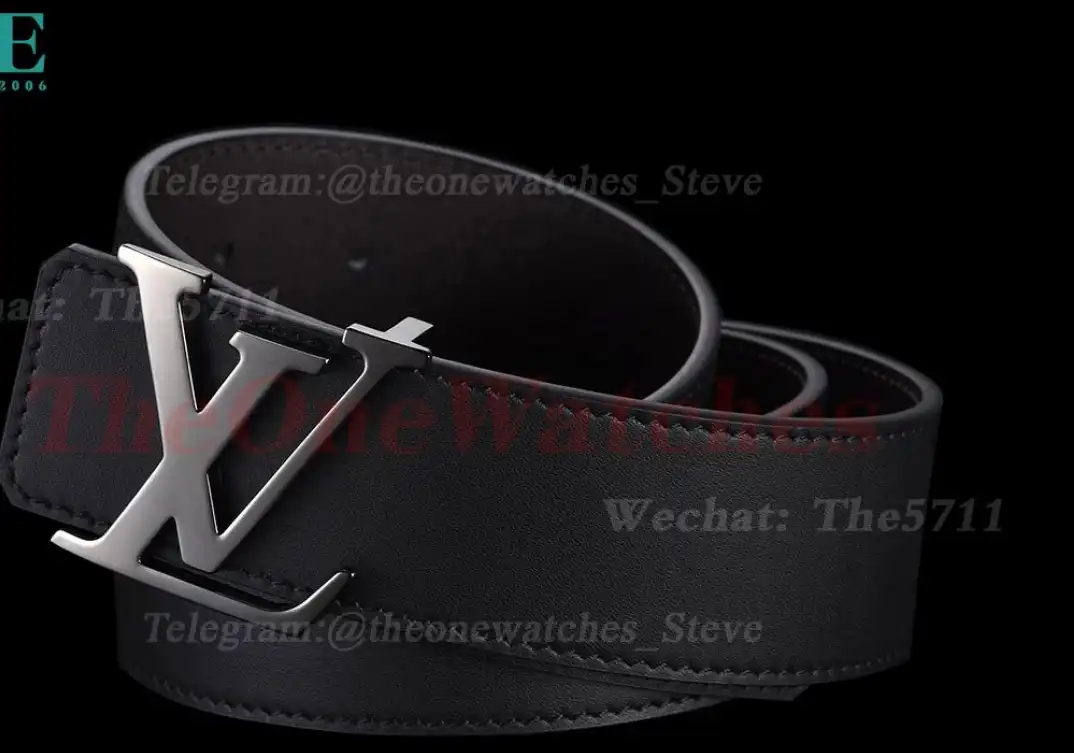 Bright Grey LV Brass Buckle on Black Leather Belt 4.0cm