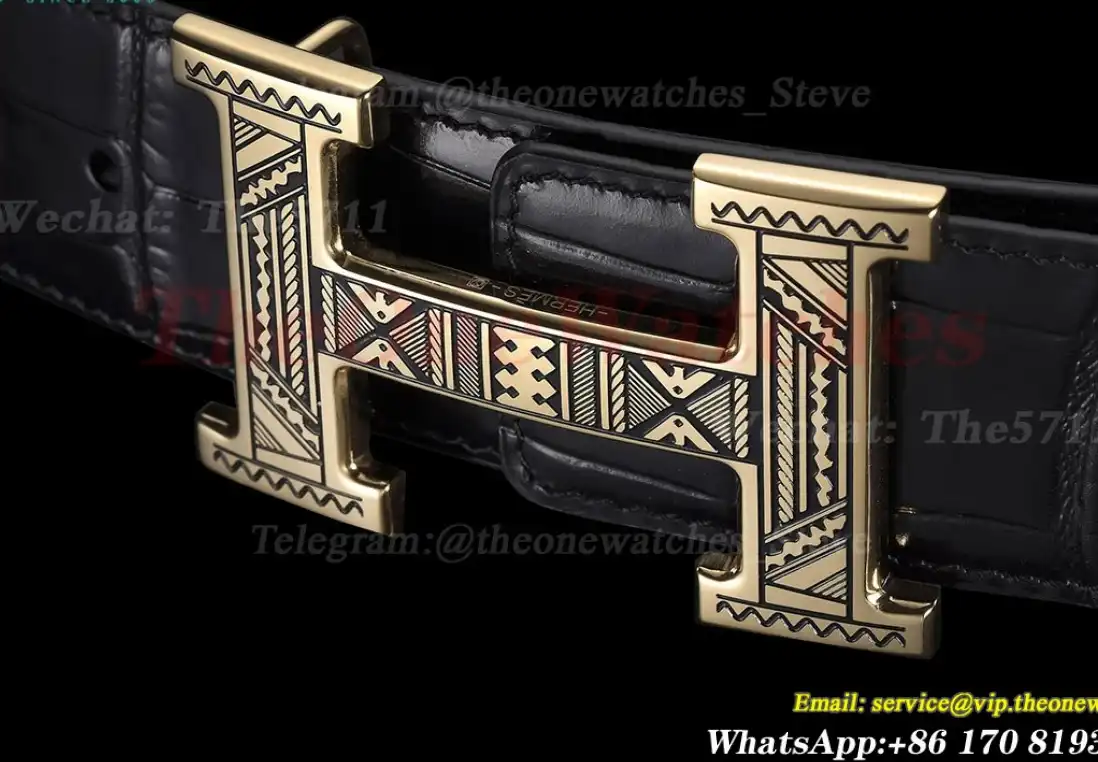 YG Hermes SS Buckle on Black Leather Belt 3.8cm