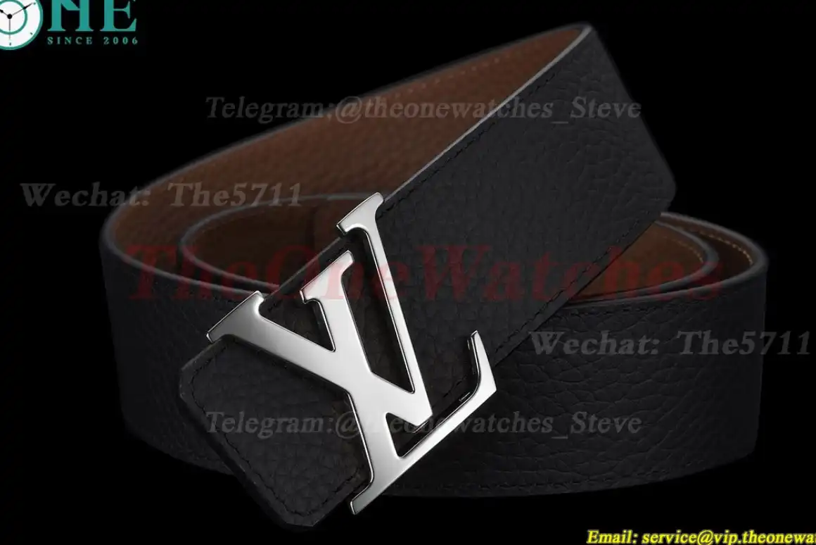 Silver LV Brass Buckle on Black Leather Belt 4.0cm