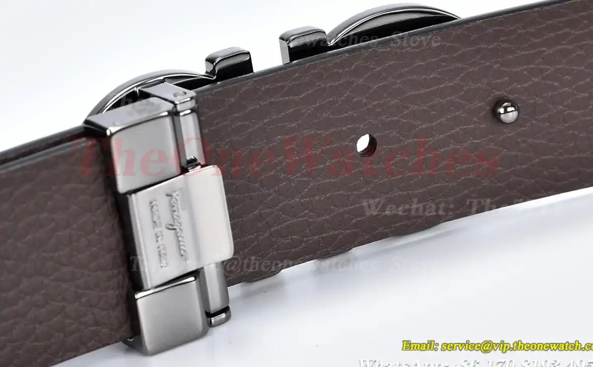 Bright Grey Brass Buckle on Black Brownish Leather Belt 3.5cm