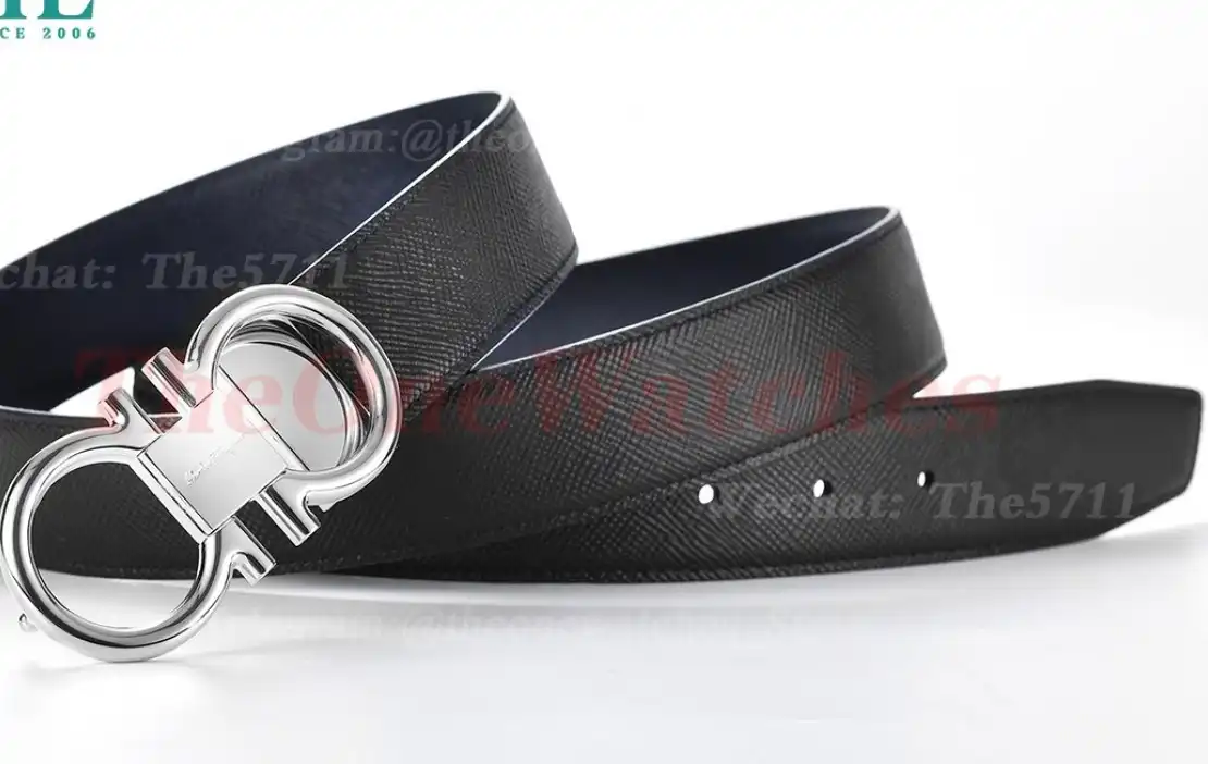 Silver Brass Buckle on Black Blue Leather Belt 3.5cm