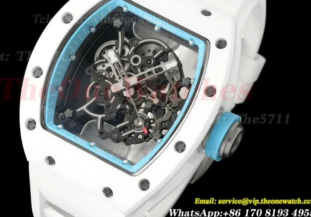 RM055 White Ceramic Blue Skeleton Dial On White Rubber Strap T+F RMUL2