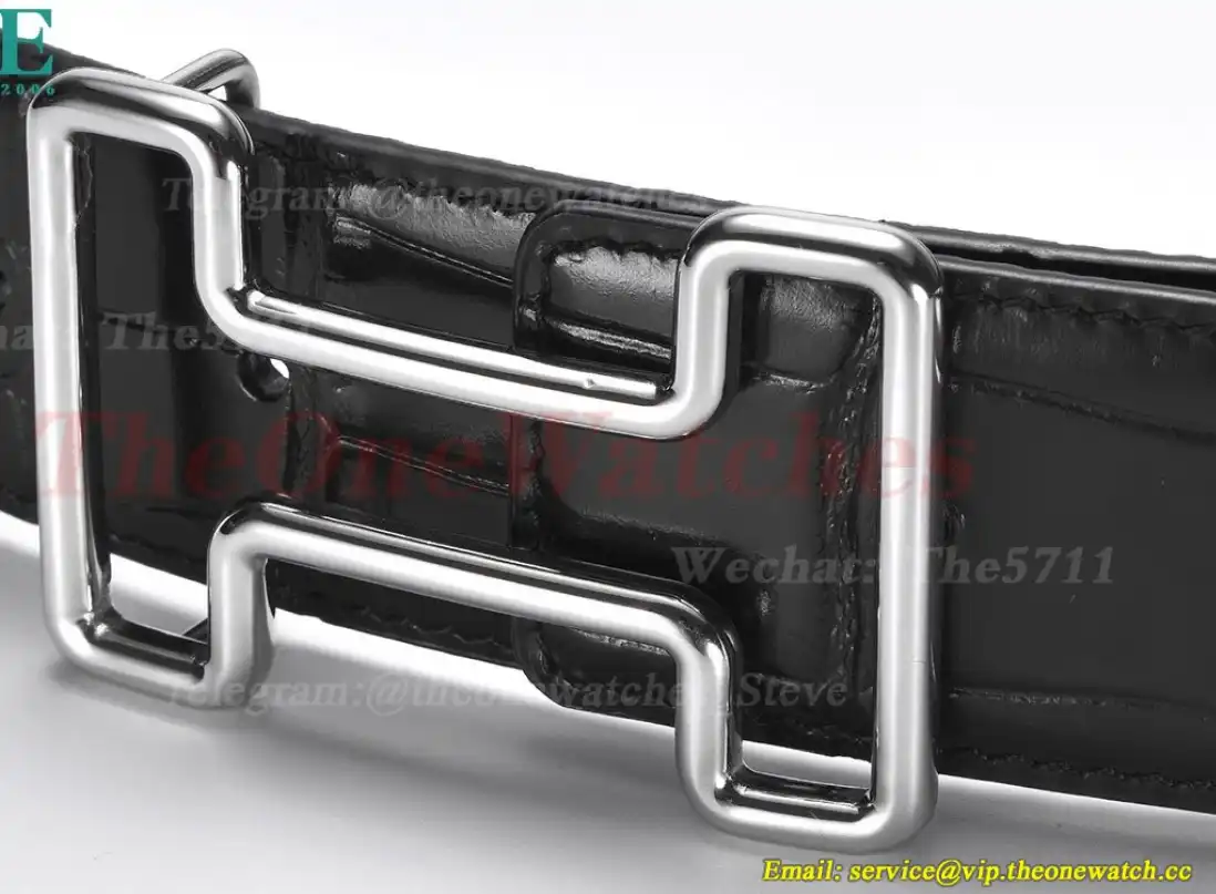 Silver Hermes SS Buckle on Black Black Leather Belt 3.8cm