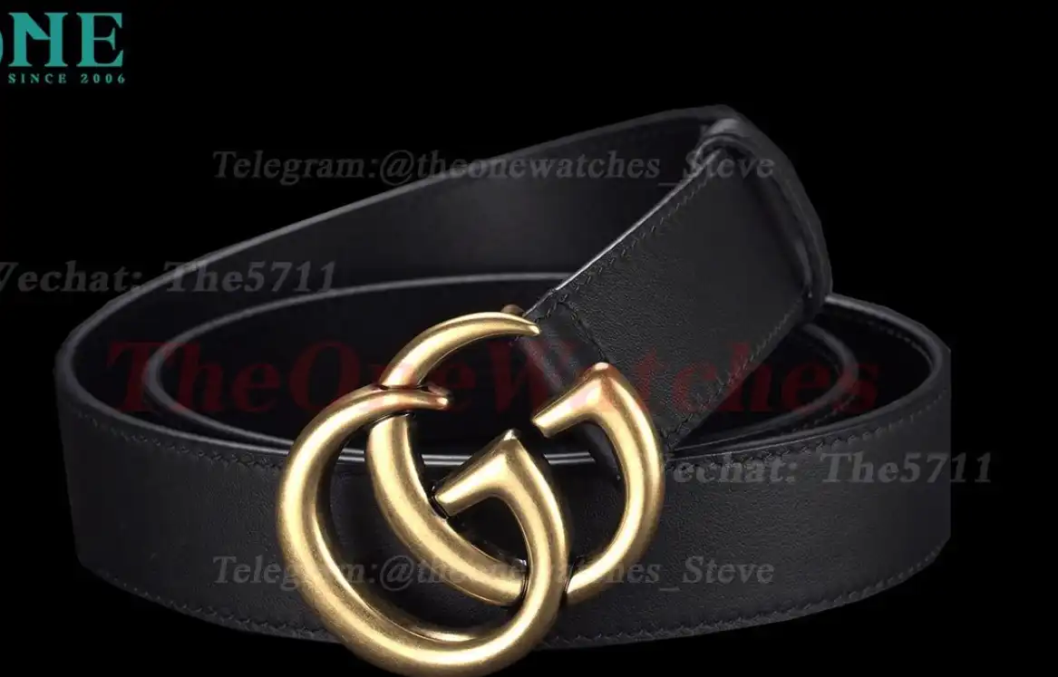 Gold Double G Buckle on Black Leather Belt 3.0cm