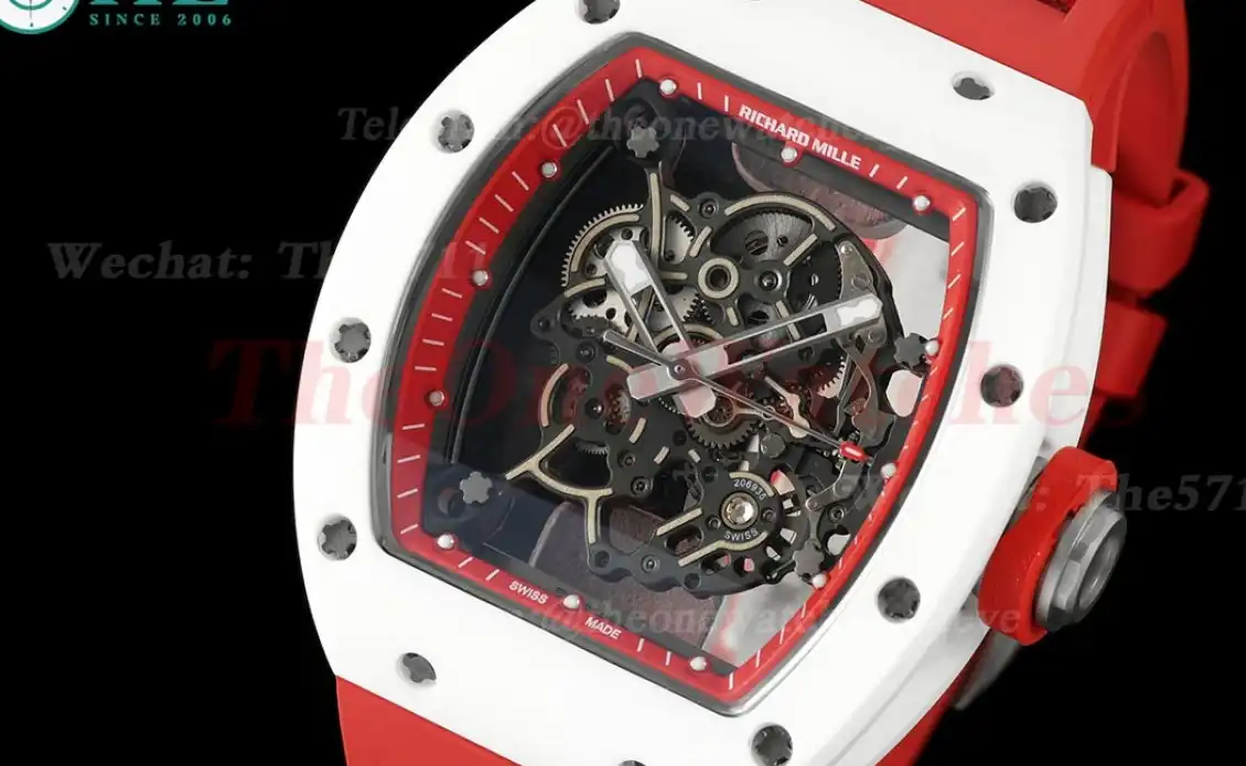 RM055 White Ceramic Red Skeleton Dial On Red Rubber Strap T+F RMUL2