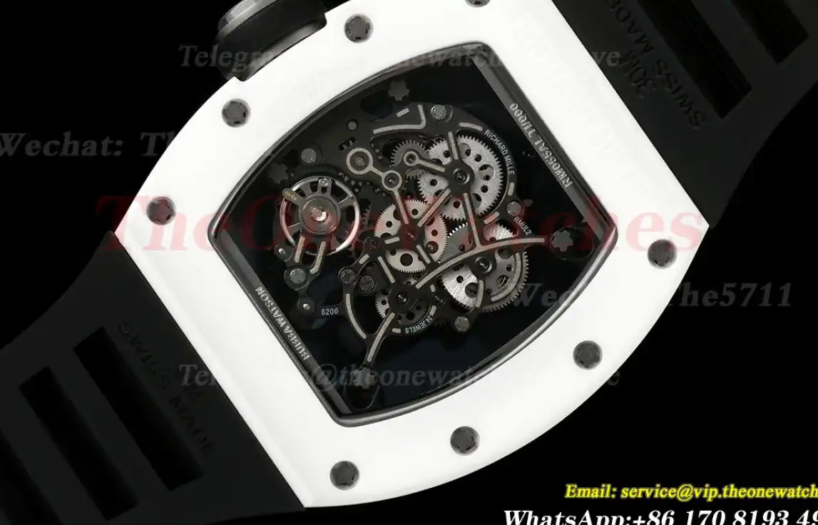 RM055 White Ceramic Black Skeleton Dial On Black Rubber Strap T+F RMUL2