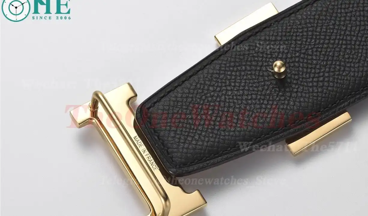 YG Hermes SS Buckle on Apricot Black Leather Belt 3.8cm