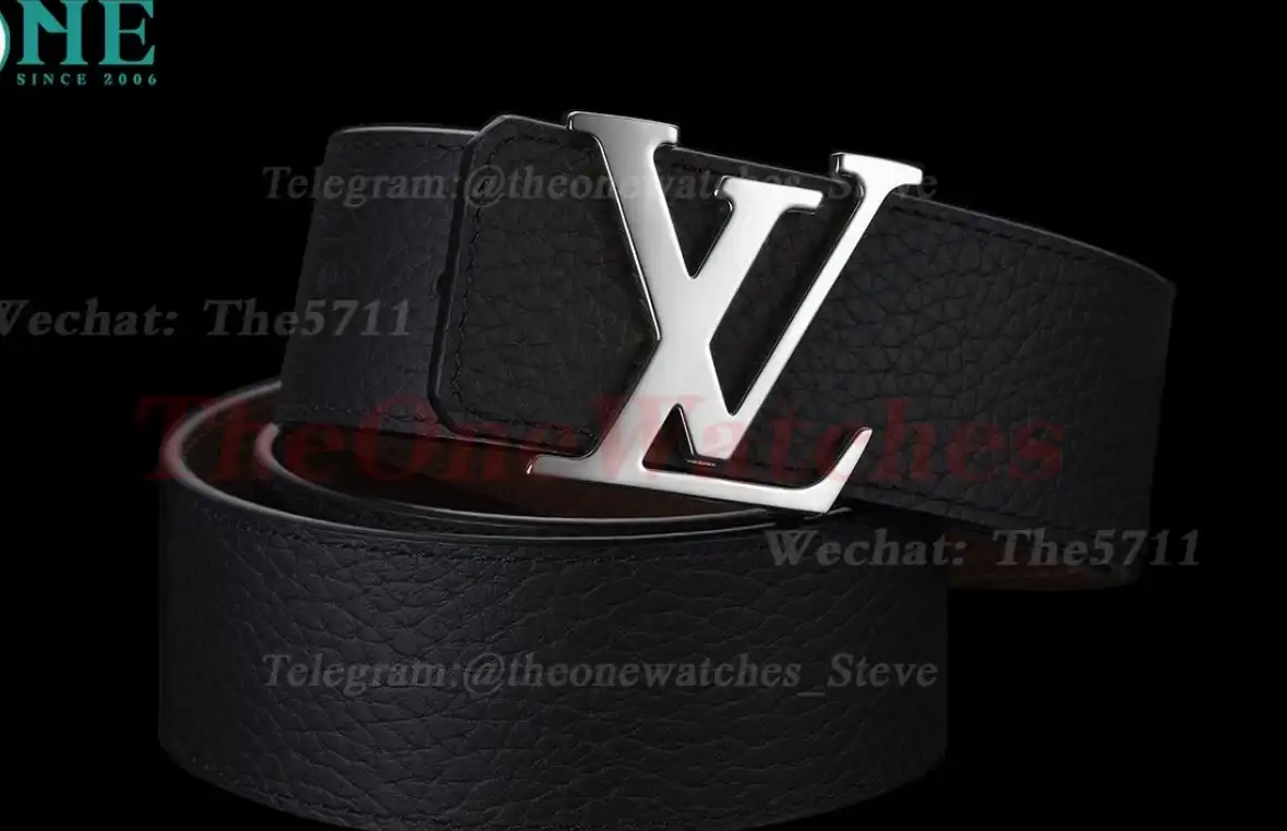 Silver LV Brass Buckle on Black Leather Belt 4.0cm