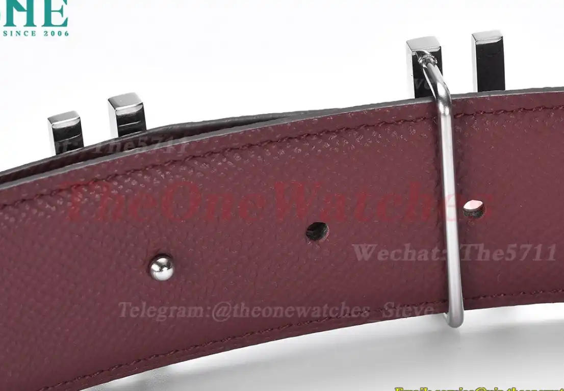 Silver Hermes SS Buckle on Red Black Leather Belt 3.8cm