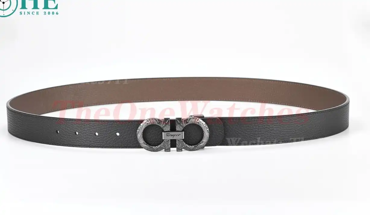 Bright Grey Brass Buckle on Black Brownish Leather Belt 3.5cm