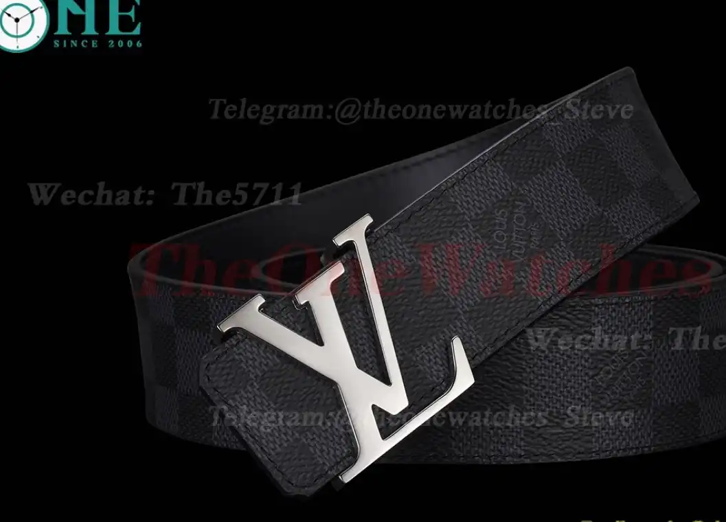 Bright Grey LV Brass Buckle on Black Leather Belt 4.0cm