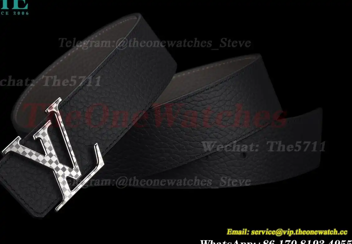 Silver Stamp LV Brass Buckle on Black Leather Belt 4.0cm