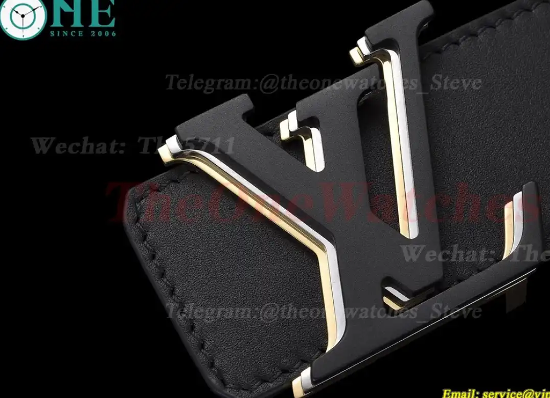 Triple LV Brass Buckle on Black Leather Belt 4.0cm