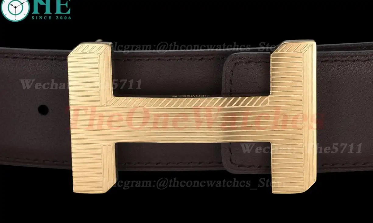 Yellow Gold Hermes SS Buckle on Brown Leather Belt 3.9cm