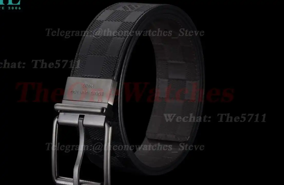 Bright Grey LV Brass Buckle on Black Grey Leather Belt 4.0cm