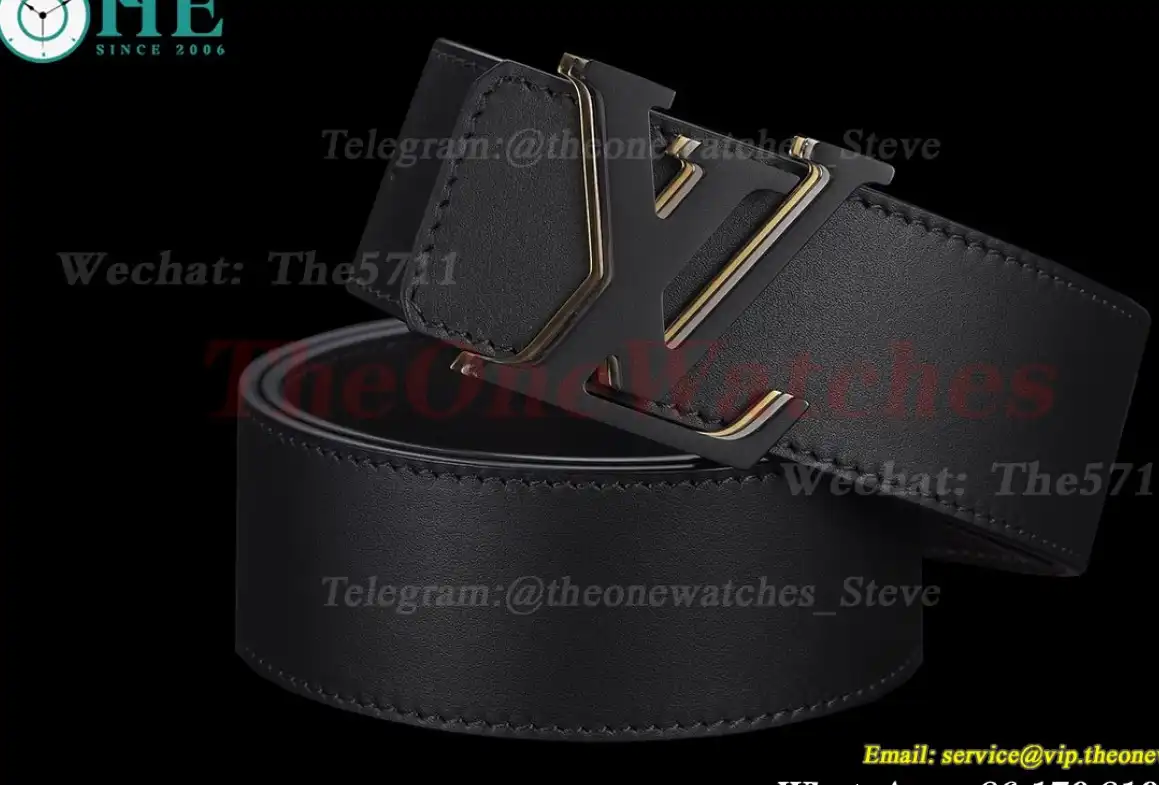 Triple LV Brass Buckle on Black Leather Belt 4.0cm